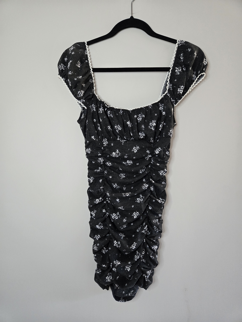 Urban Outfitters Black Floral Ruched Mini Dress with White Eyelet Trim